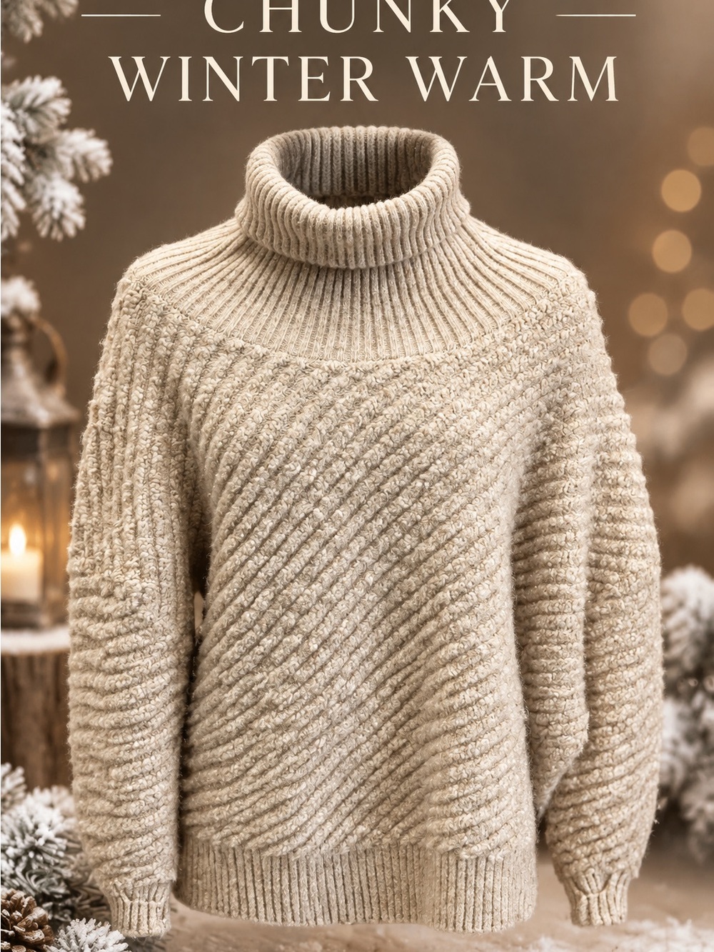 Chunky Cream Turtleneck Sweater - Women's Cozy Roll Neck